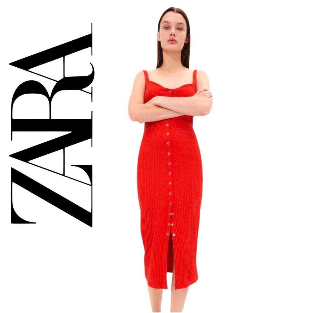 NWT Zara Buttoned Ribbed MIDI Dress Sz L